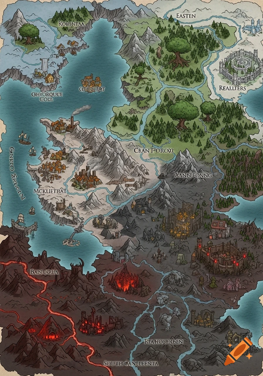 A detailed, hand-drawn fantasy world map with continents, mountains, rivers, forests, cities, and a volcanic southern region.