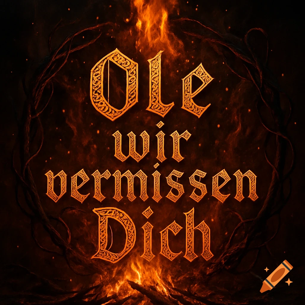 Ornate golden text "Ole wir vermissen Dich" glows against a dark, fiery background with intertwining roots.