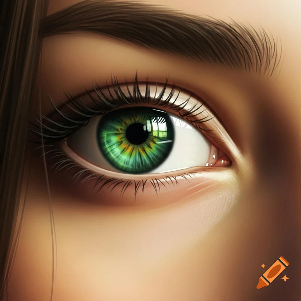 A highly detailed close-up of a human eye with vibrant green irises, long eyelashes, and a reflection of a window.
