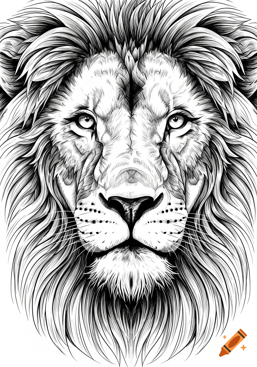 Detailed black and white line drawing of a lion's face with a strong, friendly expression.