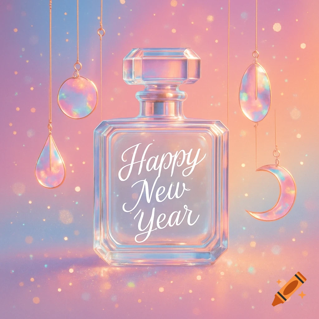Vibrant illustration of a glass perfume bottle with 'Happy New Year' text, surrounded by iridescent mobiles on a sparkling pastel background.