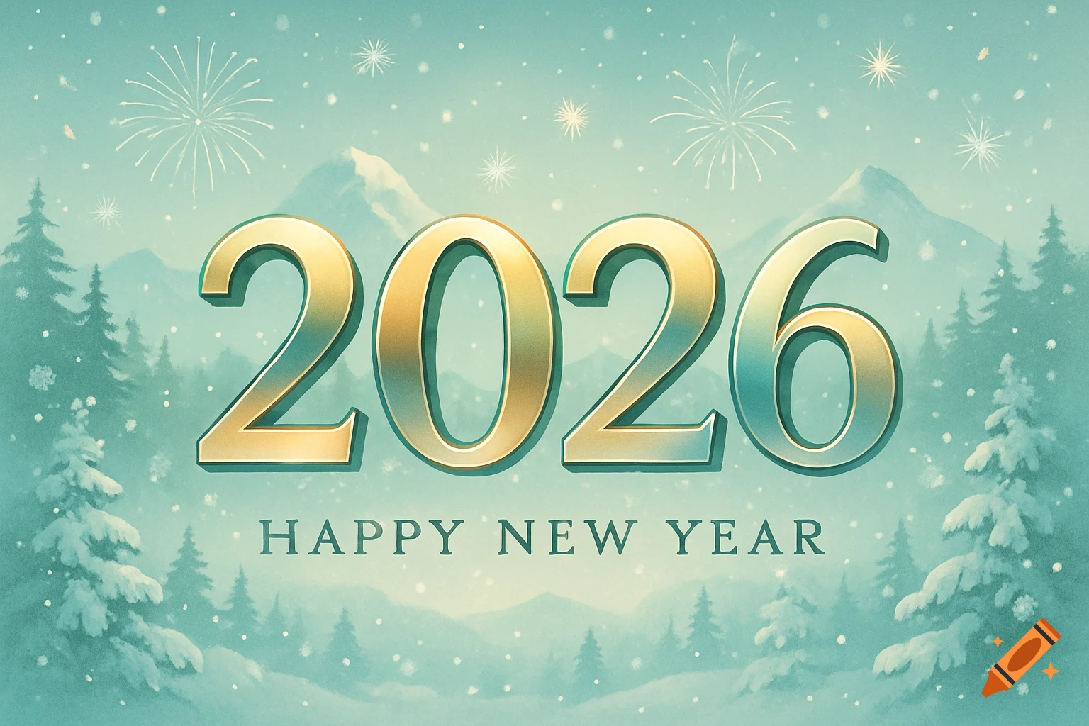 Golden '2026' and 'HAPPY NEW YEAR' text on a snowy winter mountain landscape with pine trees and fireworks in an illustrated style.