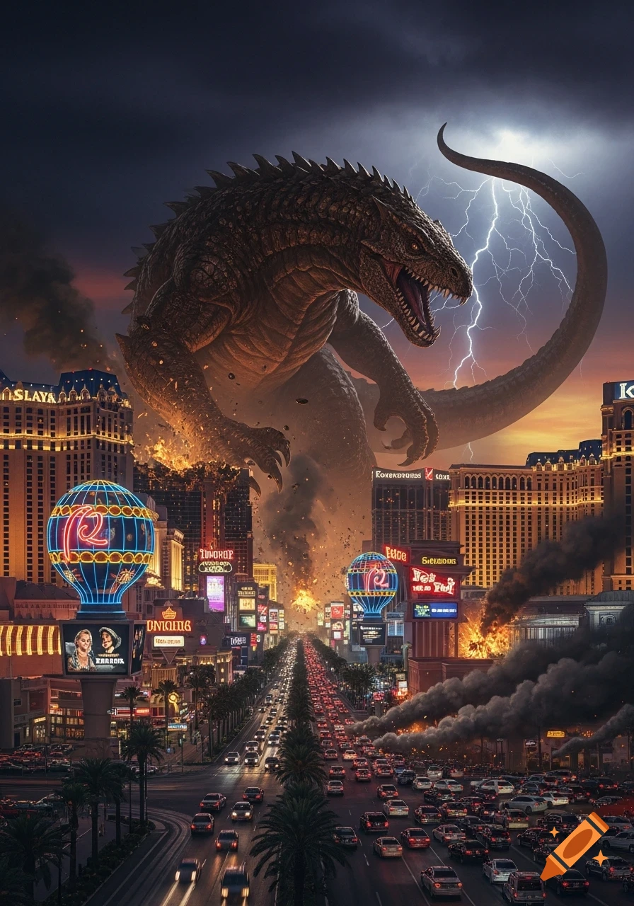 A giant scaly monster attacks a bustling Las Vegas street, with buildings on fire and lightning in the stormy sky.