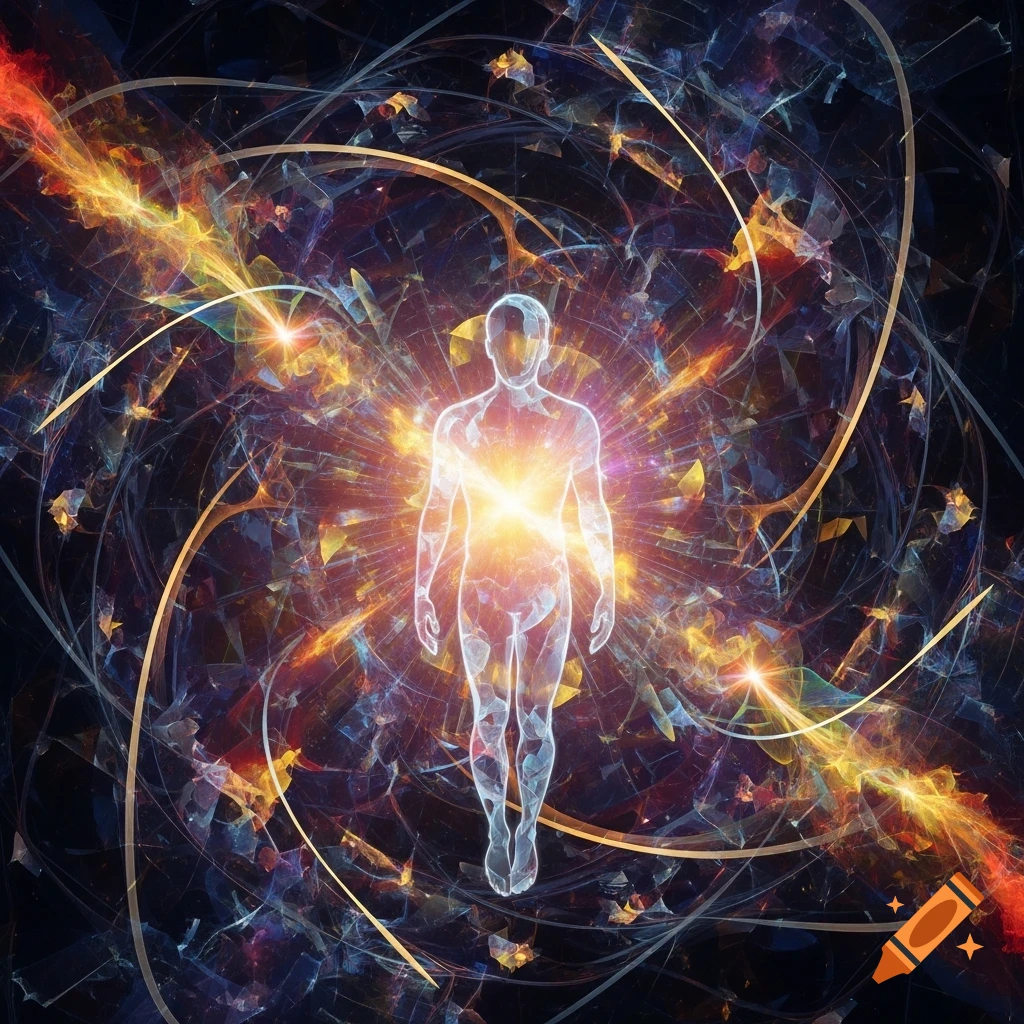 A glowing, translucent humanoid figure emerges from a central light burst, surrounded by swirling gold energy, abstract cosmic fragments, and light trails.