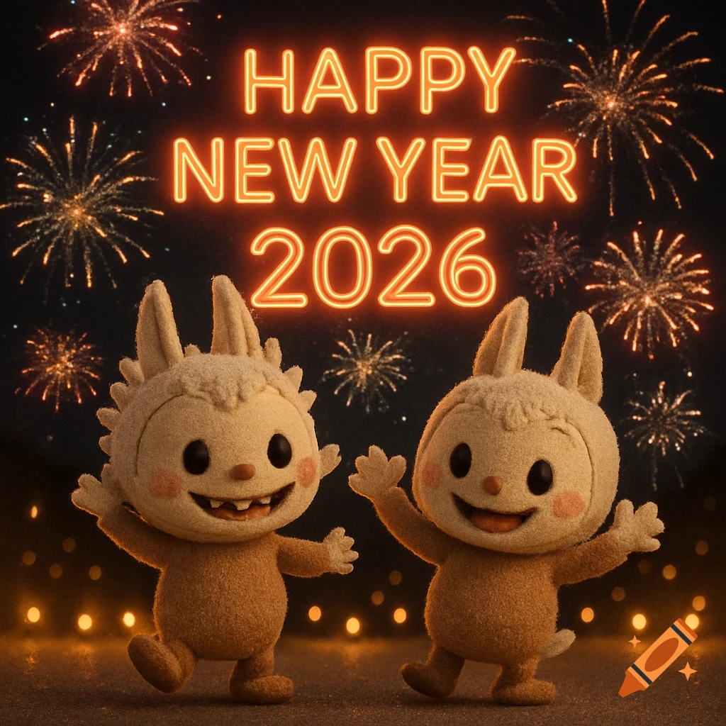 Two cute Labubu-style plush characters dance under neon 'HAPPY NEW YEAR 2026' text and fireworks at night, cinematic style.