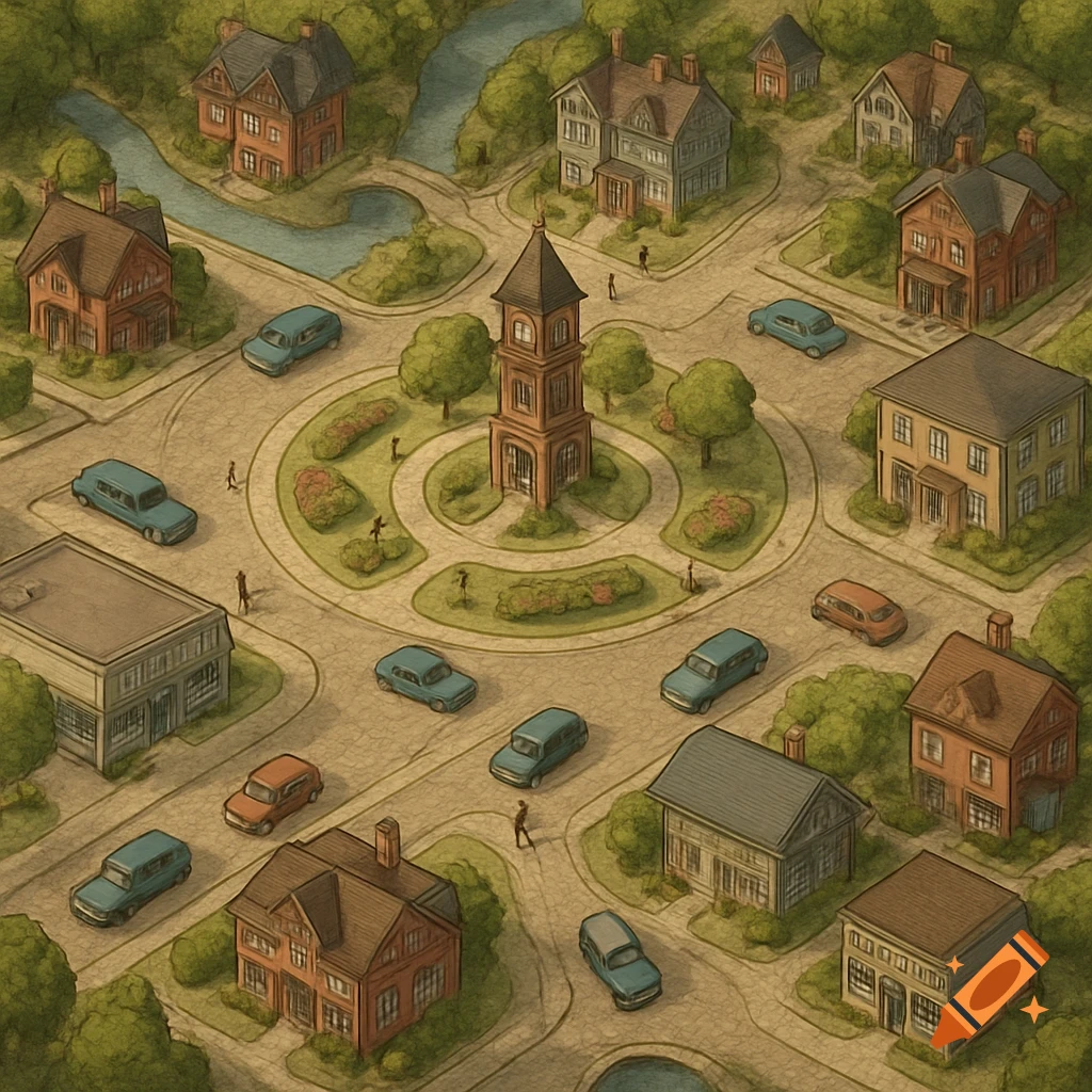 Isometric illustration of a small town map featuring houses, cars, a central clock tower, and a winding river.