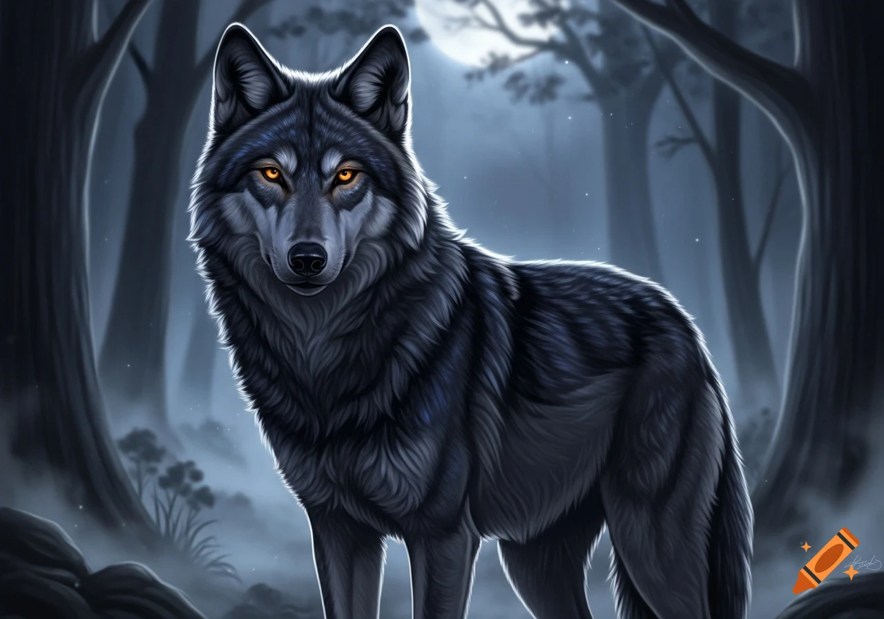 A dark gray wolf with glowing amber eyes stands front and center in a ...