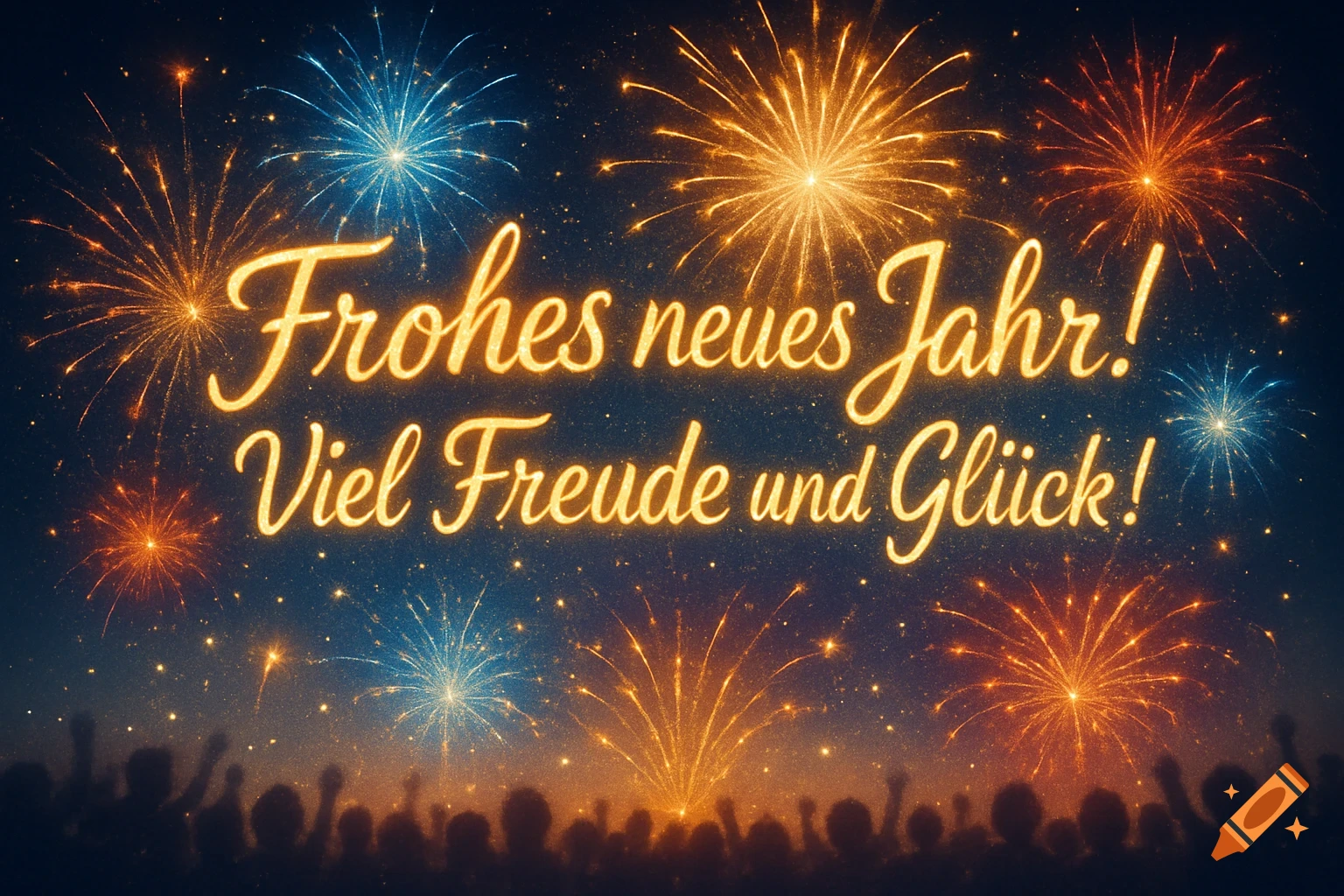 Fireworks light up the night sky above a silhouetted crowd, with glowing German text 'Frohes neues Jahr! Viel Freude und Glück!'.