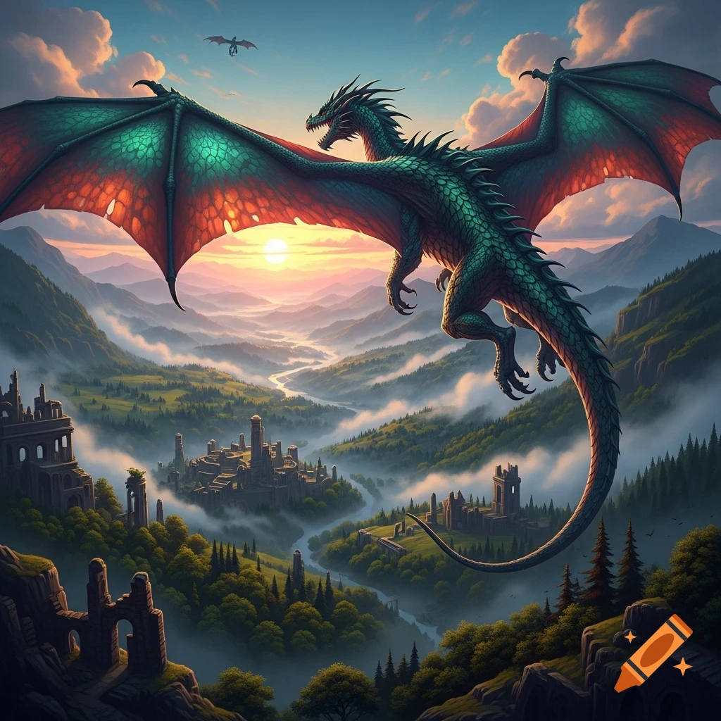 A large green dragon with red-edged wings flies over a misty fantasy ...