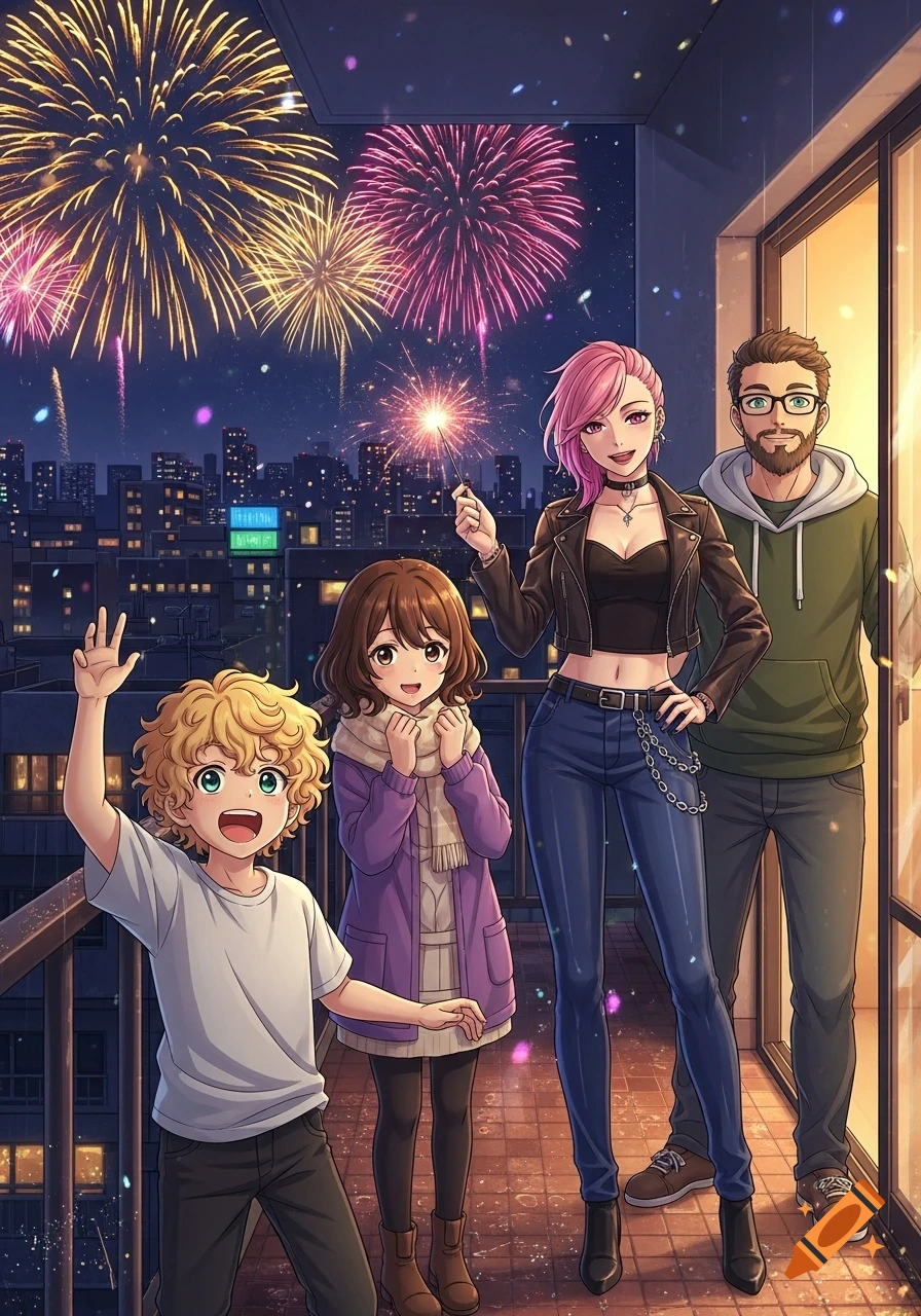 A family of four, two adults and two children, in anime style, stand on a balcony watching colorful fireworks illuminate a city skyline at night. One child waves, another holds a sparkler.