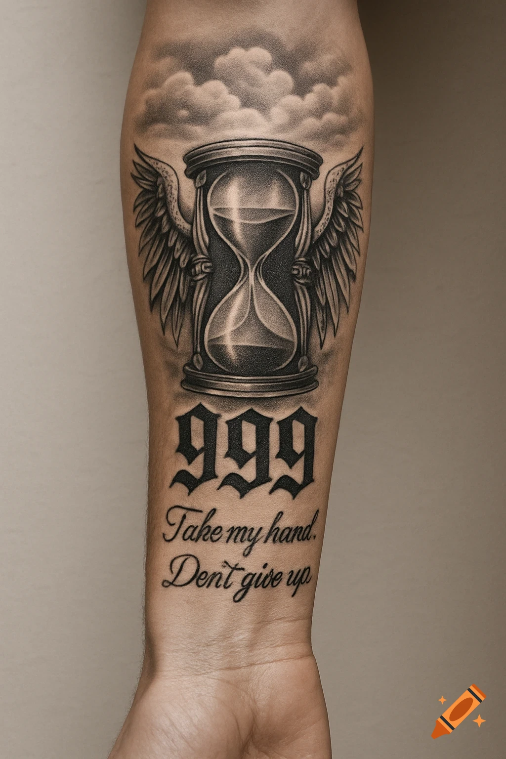 A realistic forearm tattoo in grayscale features clouds at the top, an hourglass with wings, the number 999 in Gothic font, and "Take my hand. Dont give up" in script.