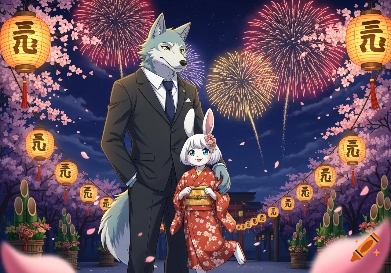Anime scene of a wolf in a suit and a rabbit in a kimono celebrating new year under fireworks and cherry blossoms.