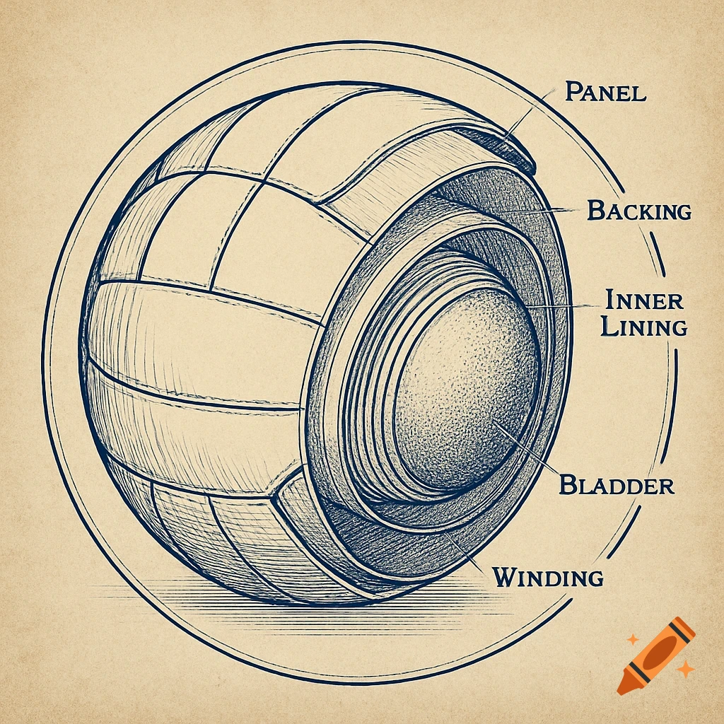 Detailed blueprint-style drawing of a ball, showing its internal layers like the panel, backing, inner lining, bladder, and winding.
