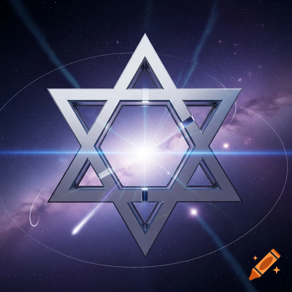A shiny metallic 3D Star of David glowing brightly in the center, set against a vibrant purple galaxy with stars and light rays.