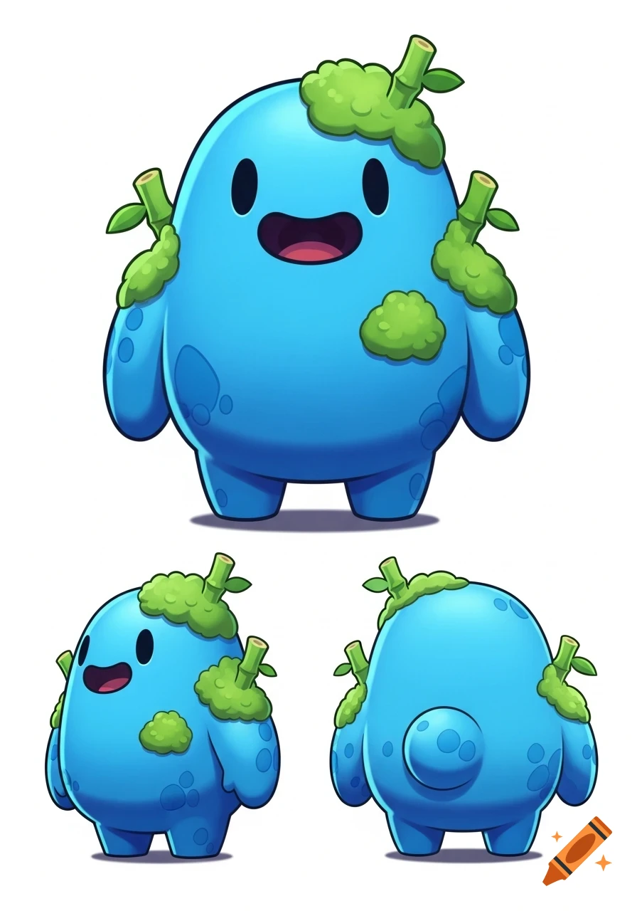 A cute, blue, round cartoon creature with a wide smile, moss patches, and bamboo shoots on its shoulders, shown from front, side, and back views.