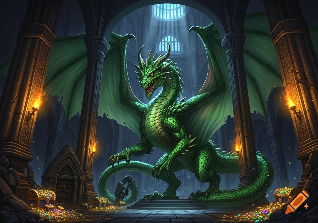 A majestic green dragon with wide wings stands in an ornate stone dungeon, surrounded by gold and treasure. Light streams from above in detailed fantasy art.