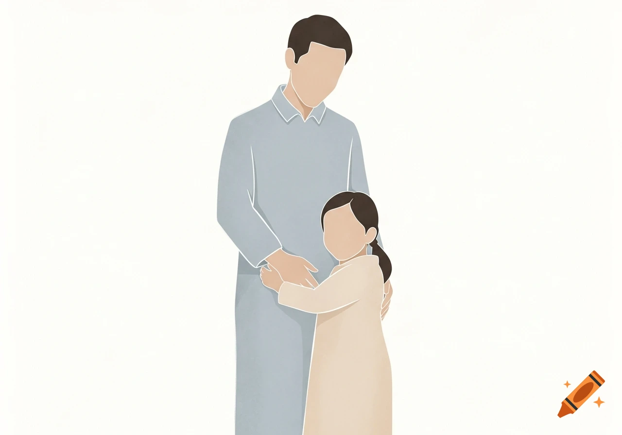 Minimalist illustration of a faceless adult in blue embracing a faceless child in beige on a white background.