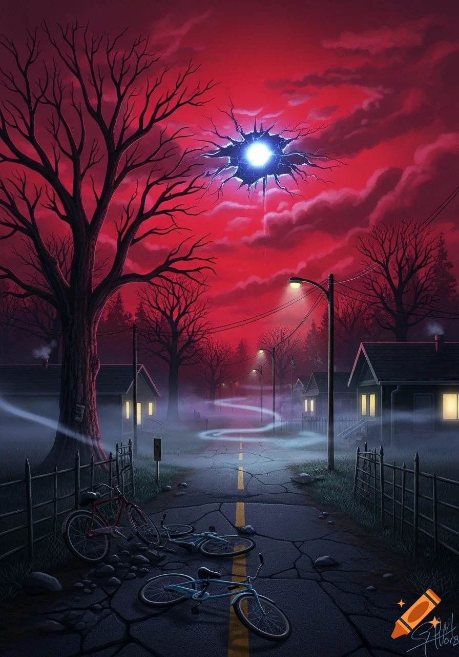 An eerie street scene with bare trees, overturned bicycles, and houses under a blood-red sky with a glowing blue portal.