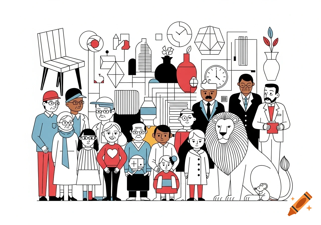 A graphic art illustration featuring a diverse group of people, children, a lion, a mouse, and various abstract and everyday objects on a white background.