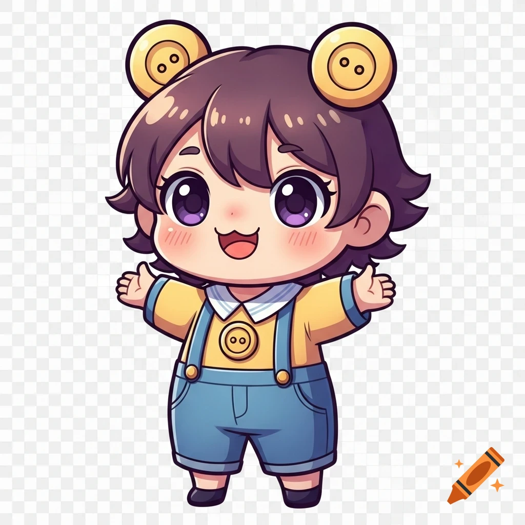 A cute chibi character with big purple eyes, a friendly smile, wearing a yellow shirt and blue overalls, on a transparent background.