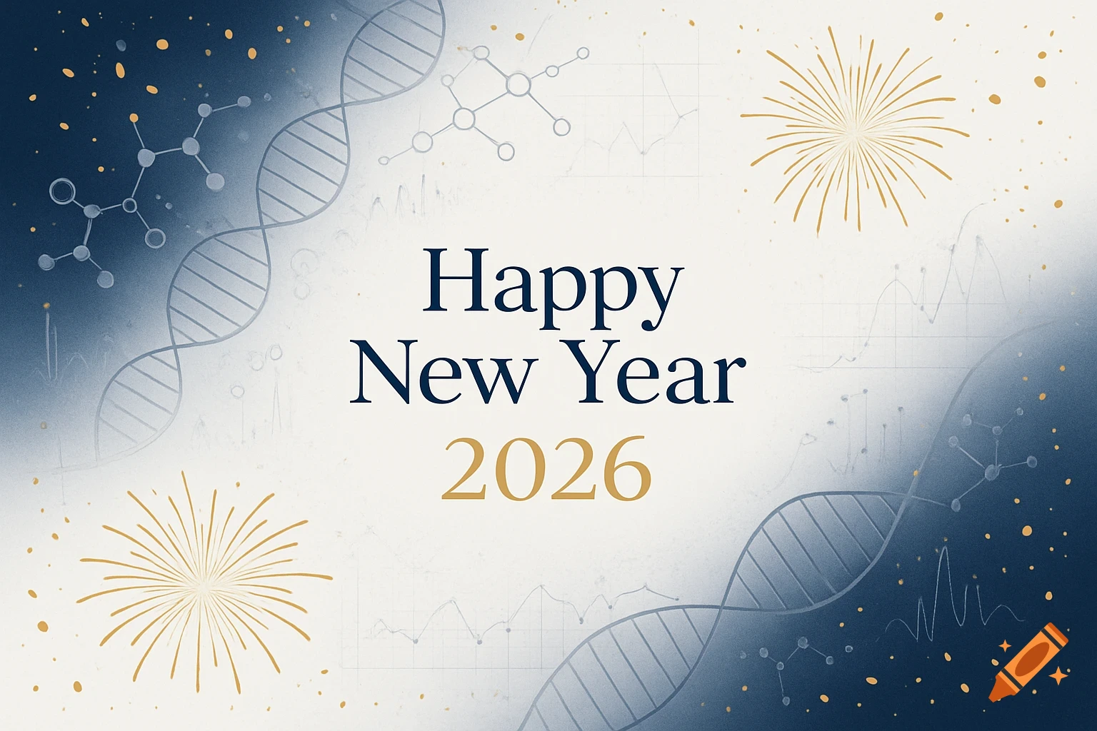 Elegant New Year 2026 greeting card with "Happy New Year" text, scientific motifs, fireworks, and gold accents.