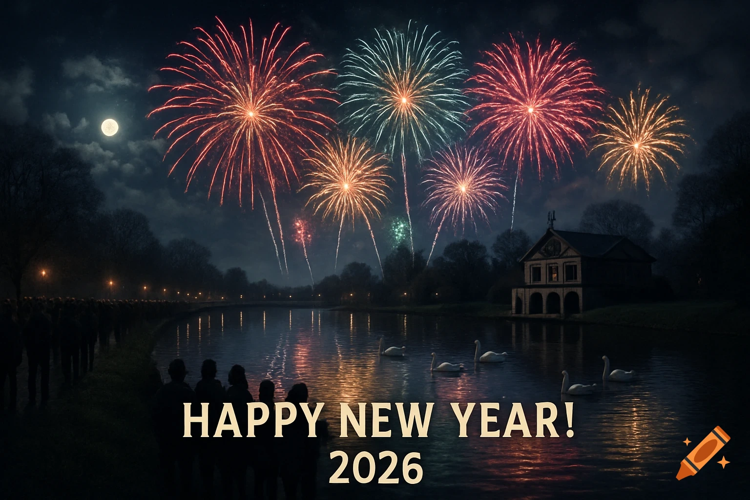 Colorful fireworks light up a night sky over a river with a full moon, silhouetted spectators, swans, and a boathouse. Text reads 'HAPPY NEW YEAR! 2026'.