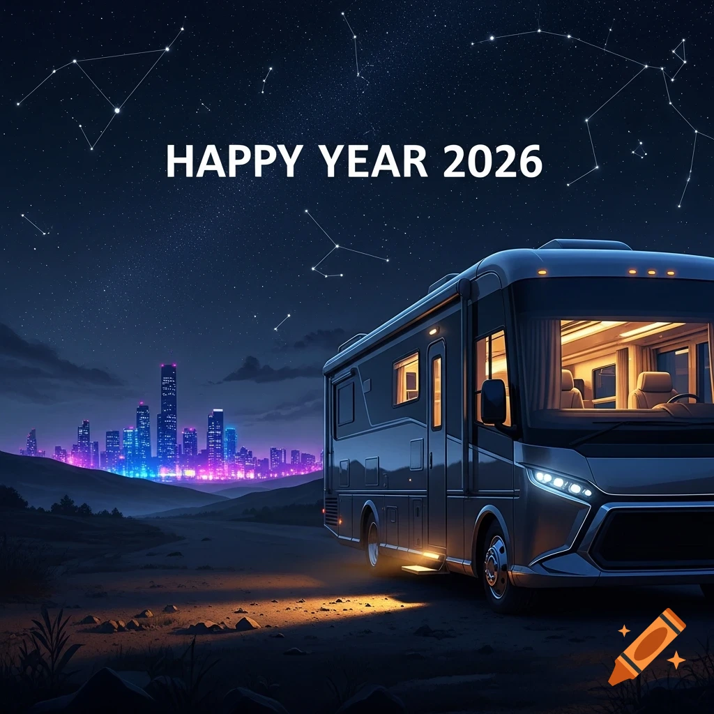 A modern RV parked at night in a desert landscape with a glowing city skyline and a starry sky with 'HAPPY YEAR 2026' text.