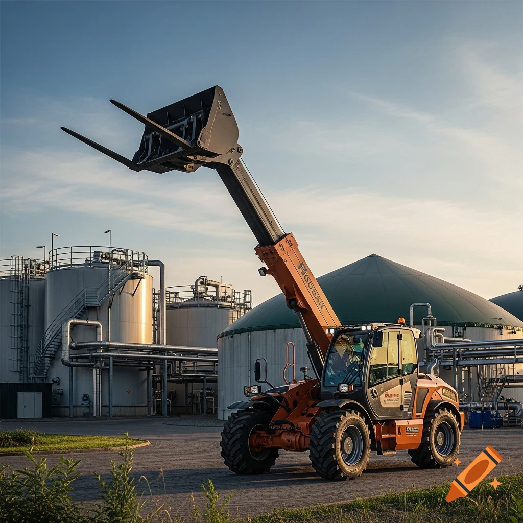 An orange telehandler, a type of industrial forklift, stands in front of large white and green biogas tanks under a clear sky.