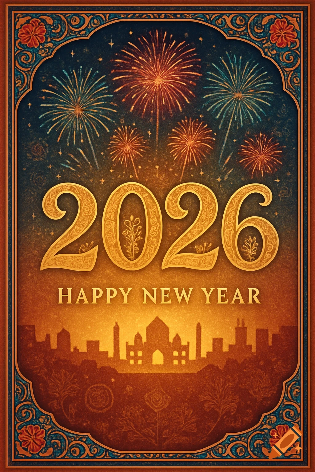 A New Year's greeting card for 2026 with gold text, fireworks, a cityscape silhouette, and an ornate border.