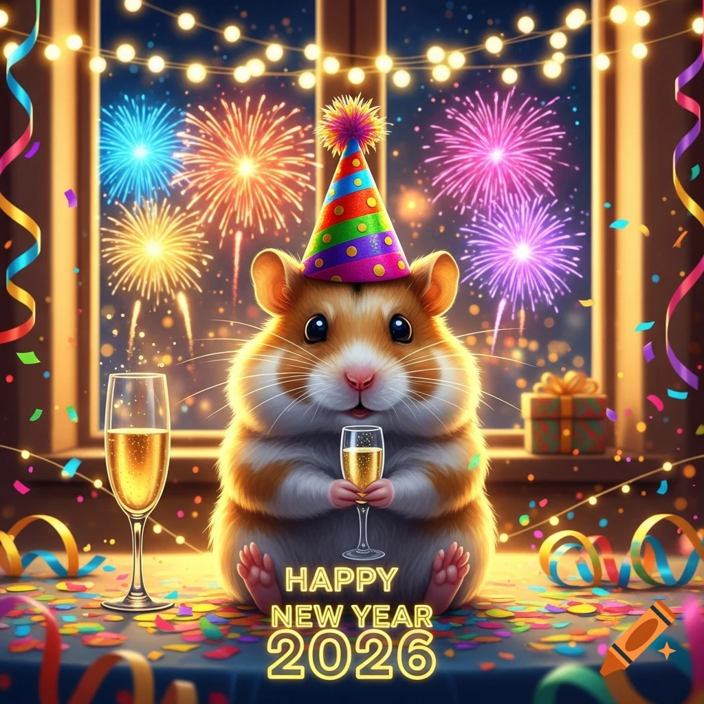 A cute hamster wearing a party hat holds a miniature champagne glass, surrounded by confetti and streamers, with vibrant fireworks and "HAPPY NEW YEAR 2026" text in the foreground.