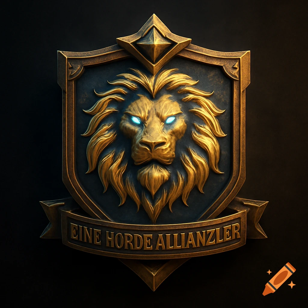 A 3D metallic golden lion head emblem with glowing blue eyes on a dark shield, featuring a banner with 'EINE HORDE ALLIANZLER' text.