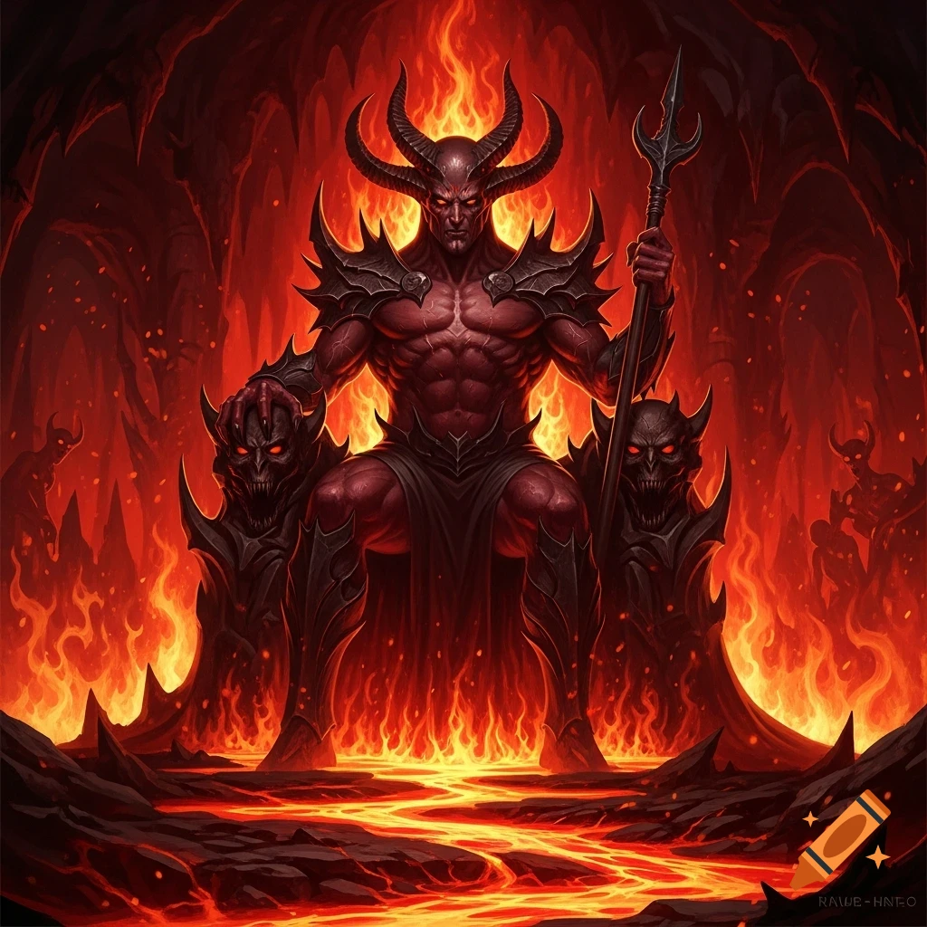 A powerful red-skinned demon, Satan, with horns and armor, sits on a throne of skulls amidst a fiery hellscape with lava and flames.