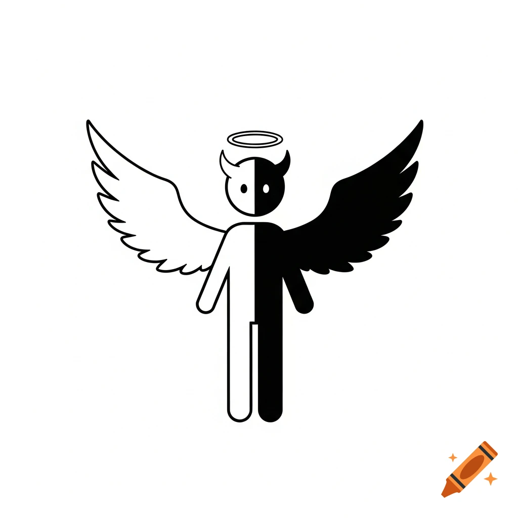 Minimalist black and white stick figure, half angel with white wing and halo, half demon with black wing and horns.