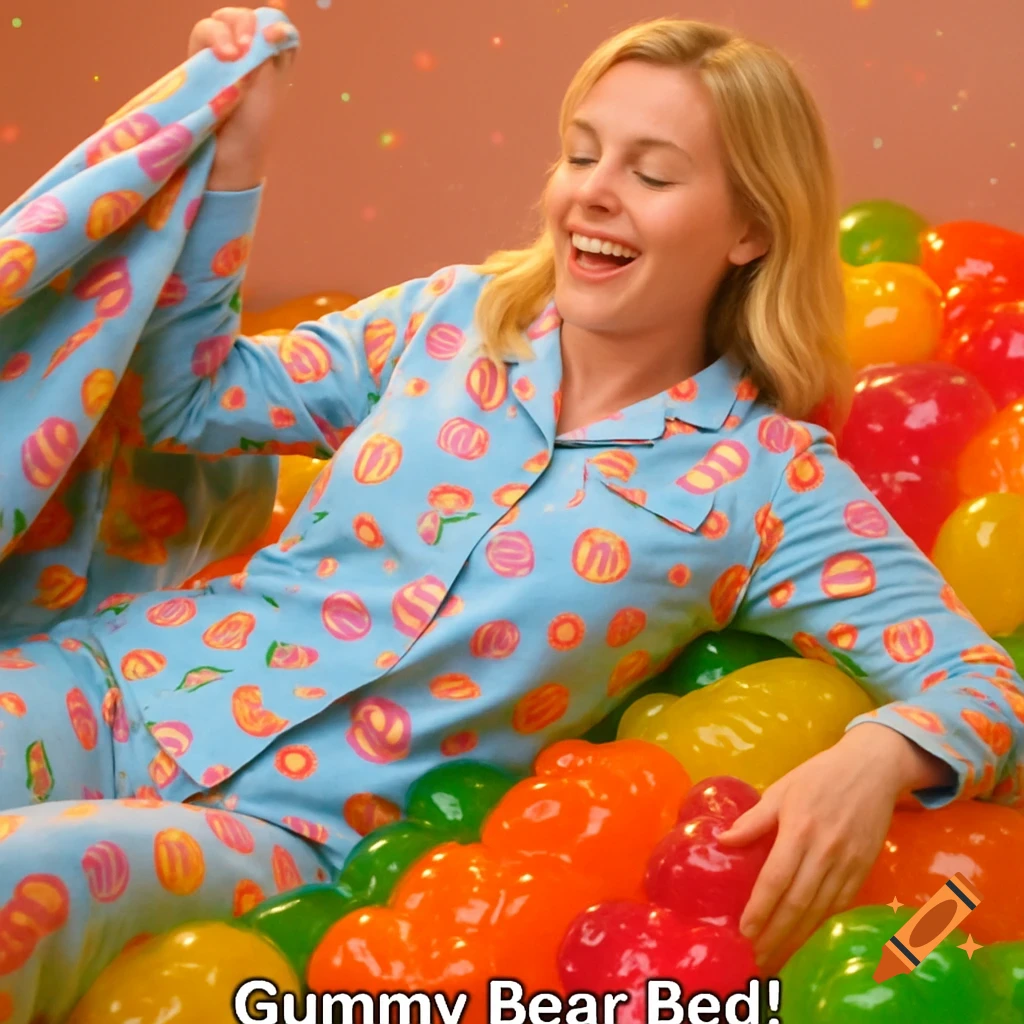Smiling blonde woman in candy-themed pajamas lies on a bed of colorful gummy bears, lifting a matching blanket, with text "Gummy Bear Bed!".