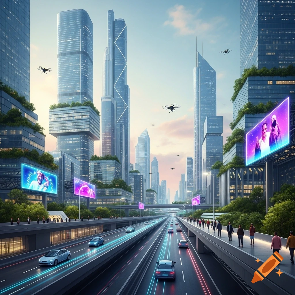 A futuristic cityscape at dusk with a multi-lane highway, tall skyscrapers, luminous billboards, and flying drones.