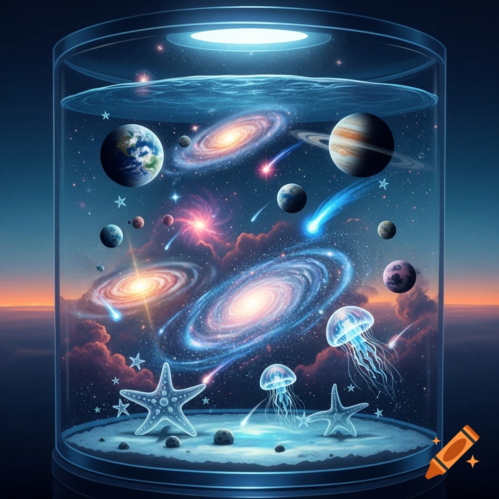 A vibrant illustration of a universe encapsulated in a glass aquarium, featuring planets, galaxies, stars, and glowing jellyfish and starfish on the sandy bottom.