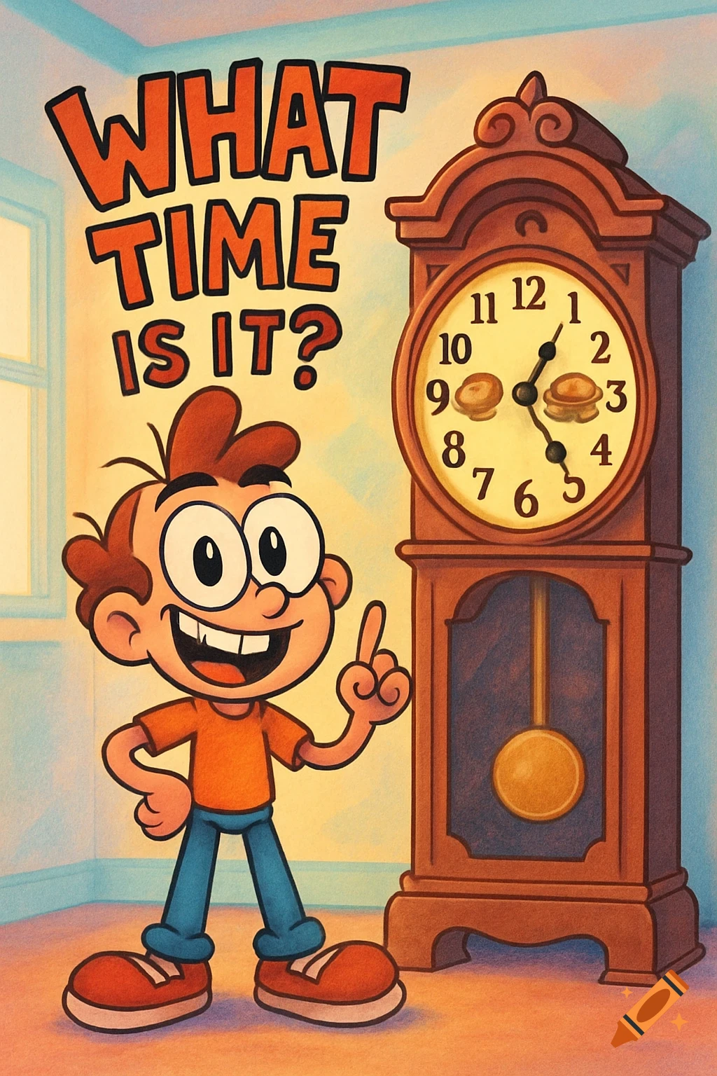 A happy cartoon boy points next to a grandfather clock with burgers on its face and text that reads 'WHAT TIME IS IT?'