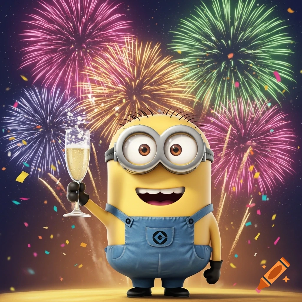 A Minion celebrates New Year's Eve, holding a glass of champagne amidst colorful fireworks and confetti.