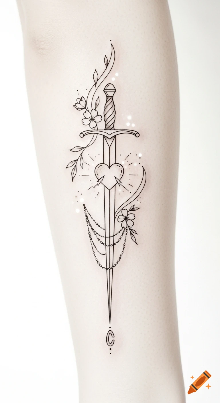 A delicate fine-line blackwork tattoo of an elegant sword piercing a heart, adorned with flowers, leaves, and chains on a person's skin.