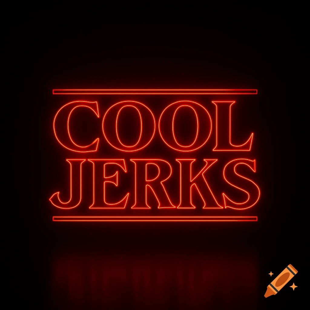 Neon red text 'COOL JERKS' with horizontal lines, in a Stranger Things style font, on a black background.