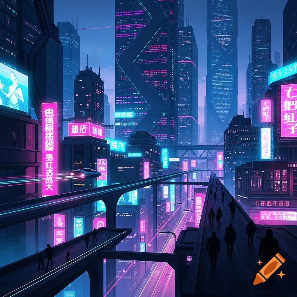 A vibrant cyberpunk cityscape at night, with towering buildings lit by ...