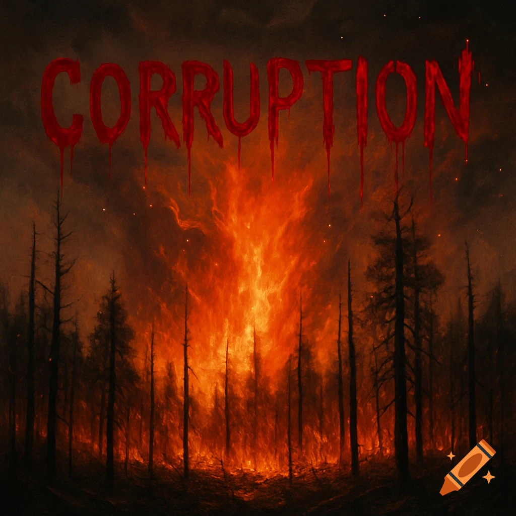 The word "CORRUPTION" in dripping red text above a furious wildfire burning through a dark forest.
