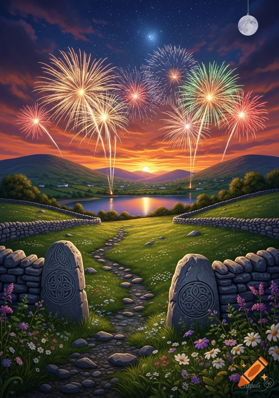 Vibrant fireworks illuminate a serene Irish landscape at sunset, with green hills, a lake, a stone path, and Celtic standing stones under a starry sky.