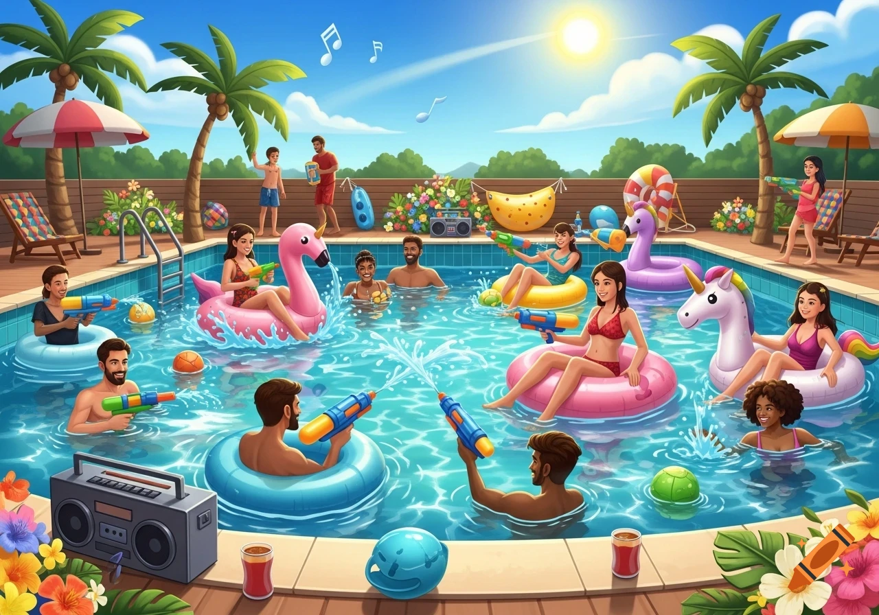 A vibrant cartoon illustration of a diverse group of people having a lively pool party with water guns and inflatable floats under a sunny sky.