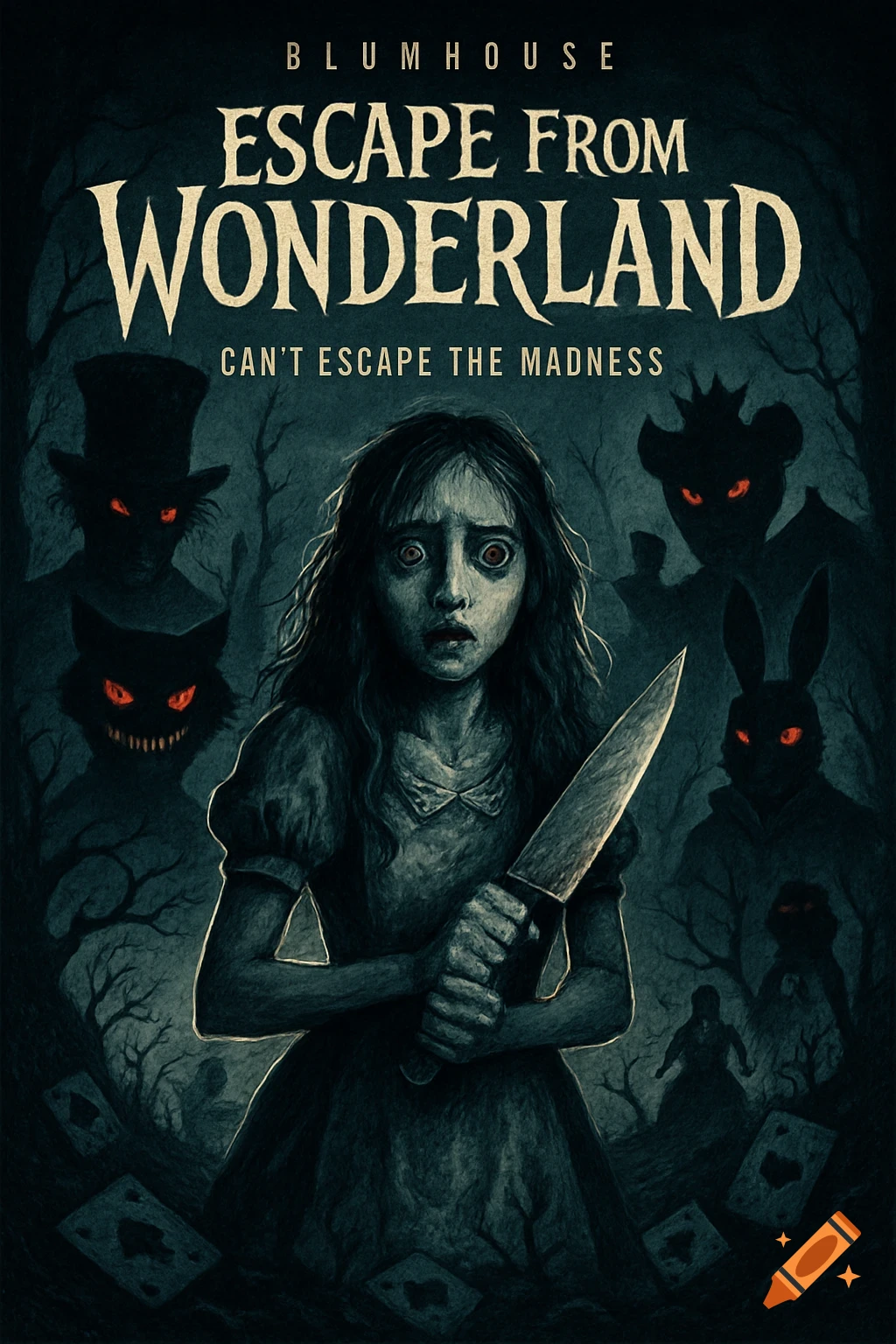 A horror movie poster for 'Escape from Wonderland' featuring a frightened Alice holding a knife, surrounded by dark silhouettes of Wonderland characters with red eyes.