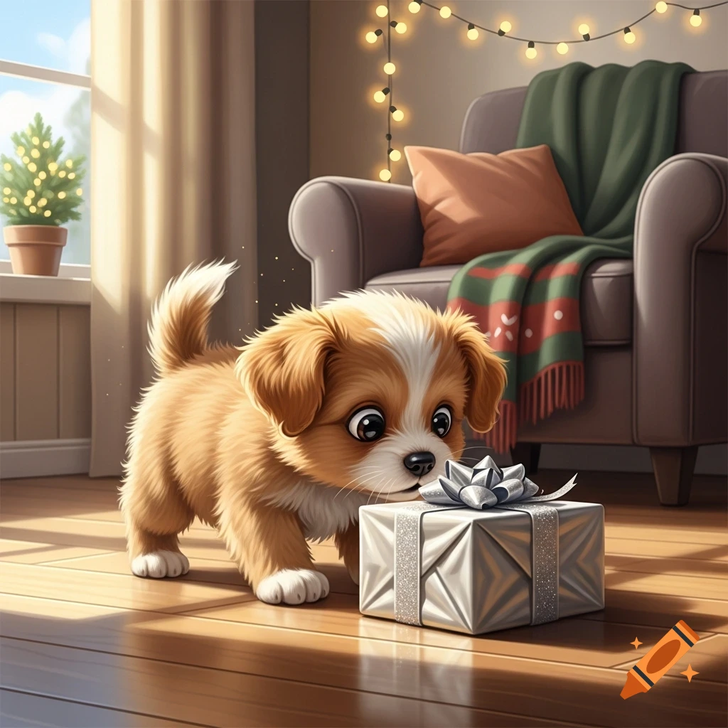 A cute, fluffy puppy looks curiously at a silver wrapped present on a wooden floor in a cozy, festive room with string lights.