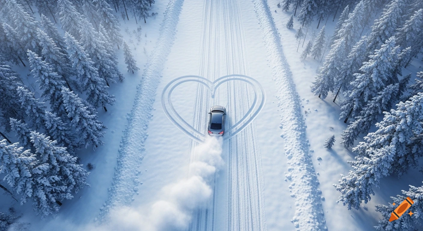 Aerial view of a gray car drifting on a snow-covered road, creating a heart shape in a winter forest.