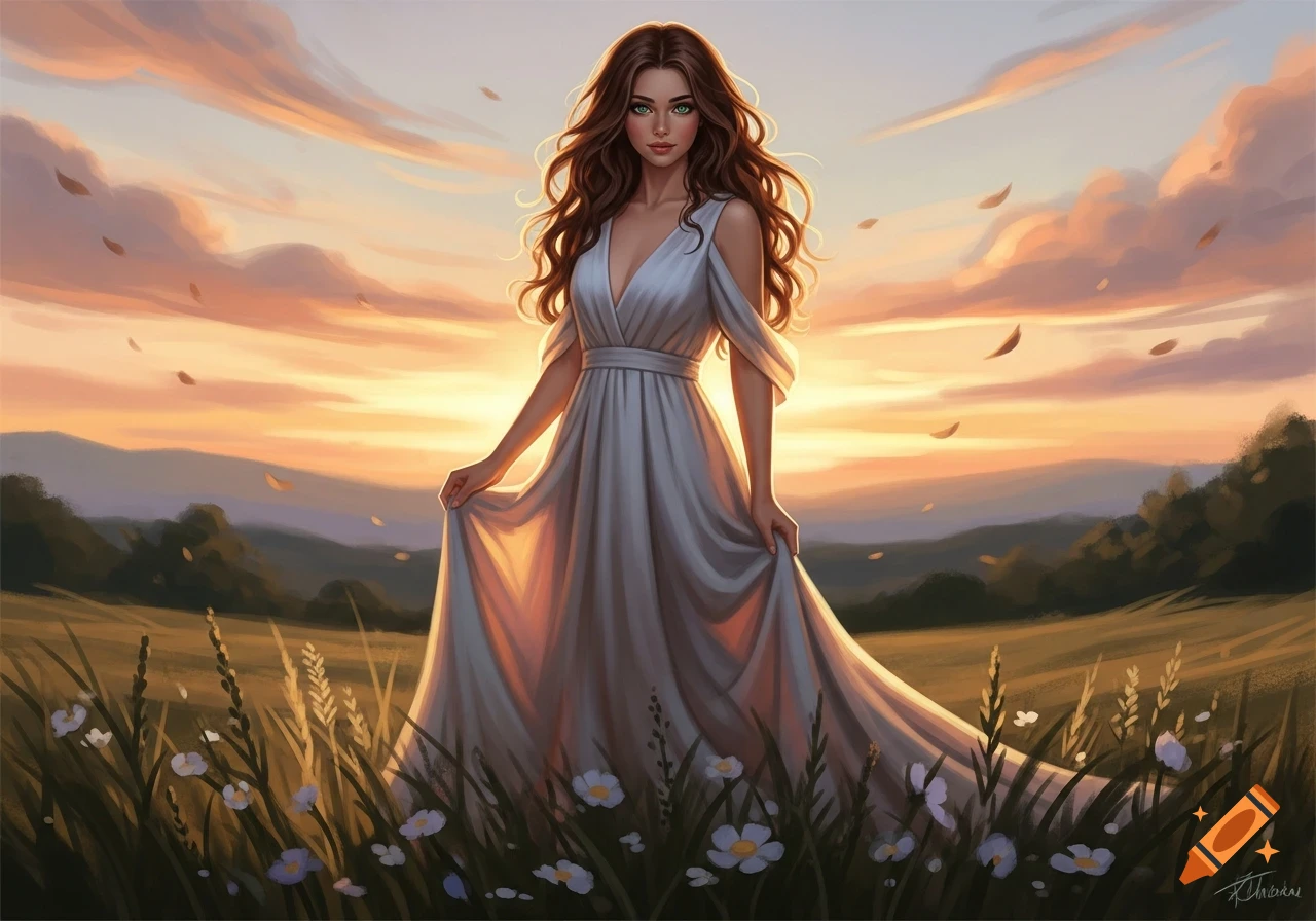 A woman with long brown hair and a white dress stands in a field of flowers under a sunset sky, digital art.