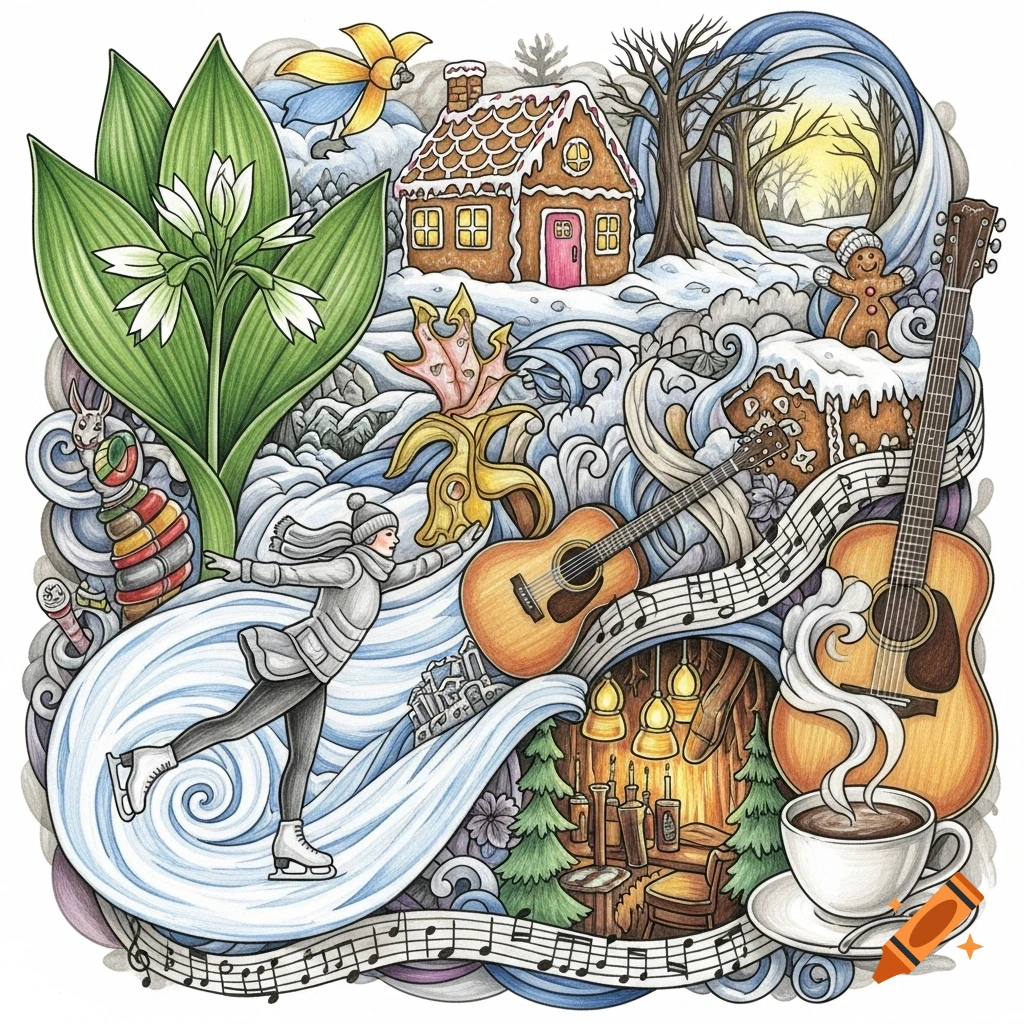 A detailed, colorful collage illustration featuring an ice skater, a gingerbread house, guitars, musical notes, a forest, a coffee cup, and a plant, all interwoven in a whimsical, drawn style.