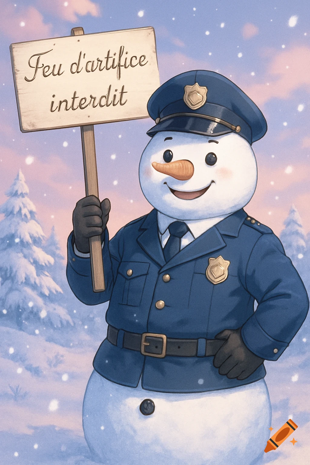 A cartoon snowman in a police uniform holds a sign that reads "Feu d'artifice interdit" (Fireworks Forbidden) in a snowy landscape.